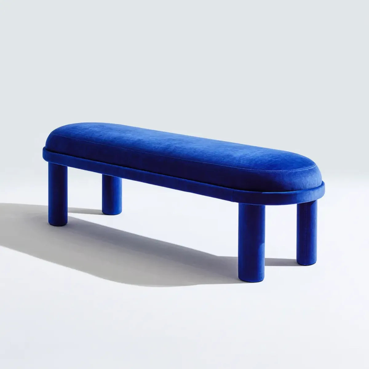 Ławka do sypialni, Niebieska wyściełana ławka dolna 120 x 40 x 45 cm w poliestrowym aksamicie wydłużonym owalnym kształcie