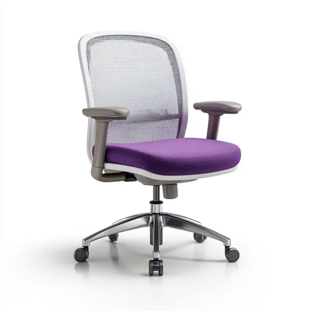 Krzesło biurowe, Ergonomiczne krzesło biurowe w fioletowej siatce poliestrowej z regulowanymi podpórkami, 64 x 64 x 98- 108 cm