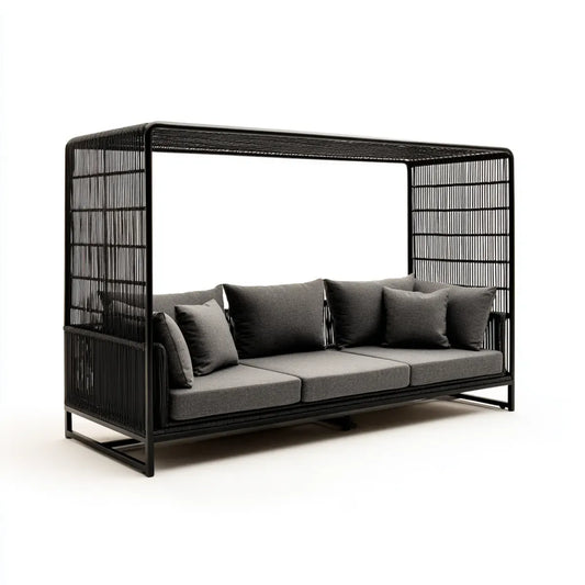 Sofa ogrodowa, 3 fotela ogrodowa sofa z czarnym dachem i antracytem szara stal i prostokątna lina PE 220 x 90 x 200 cm