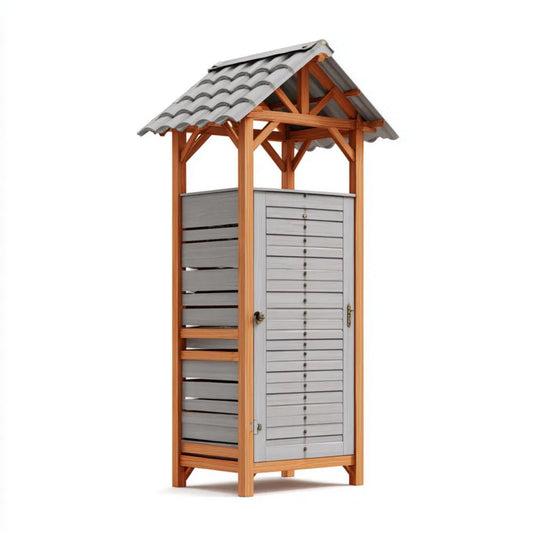 Domek ogrodowy, Szafa na zewnątrz w kolorze szarym i brązowy z dachem PVC, 77 x 54 x 179 cm
