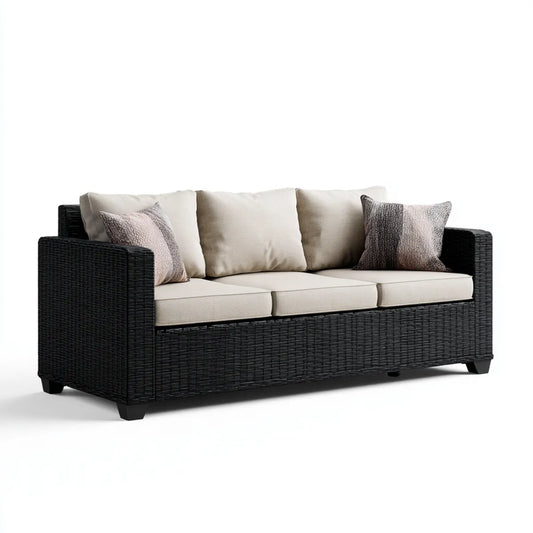 Sofa ogrodowa, 3-osobowa czarny i beżowy sofa ogrodowa z plecionej żywicy prostokątna PE 210 x 80 x 85 cm